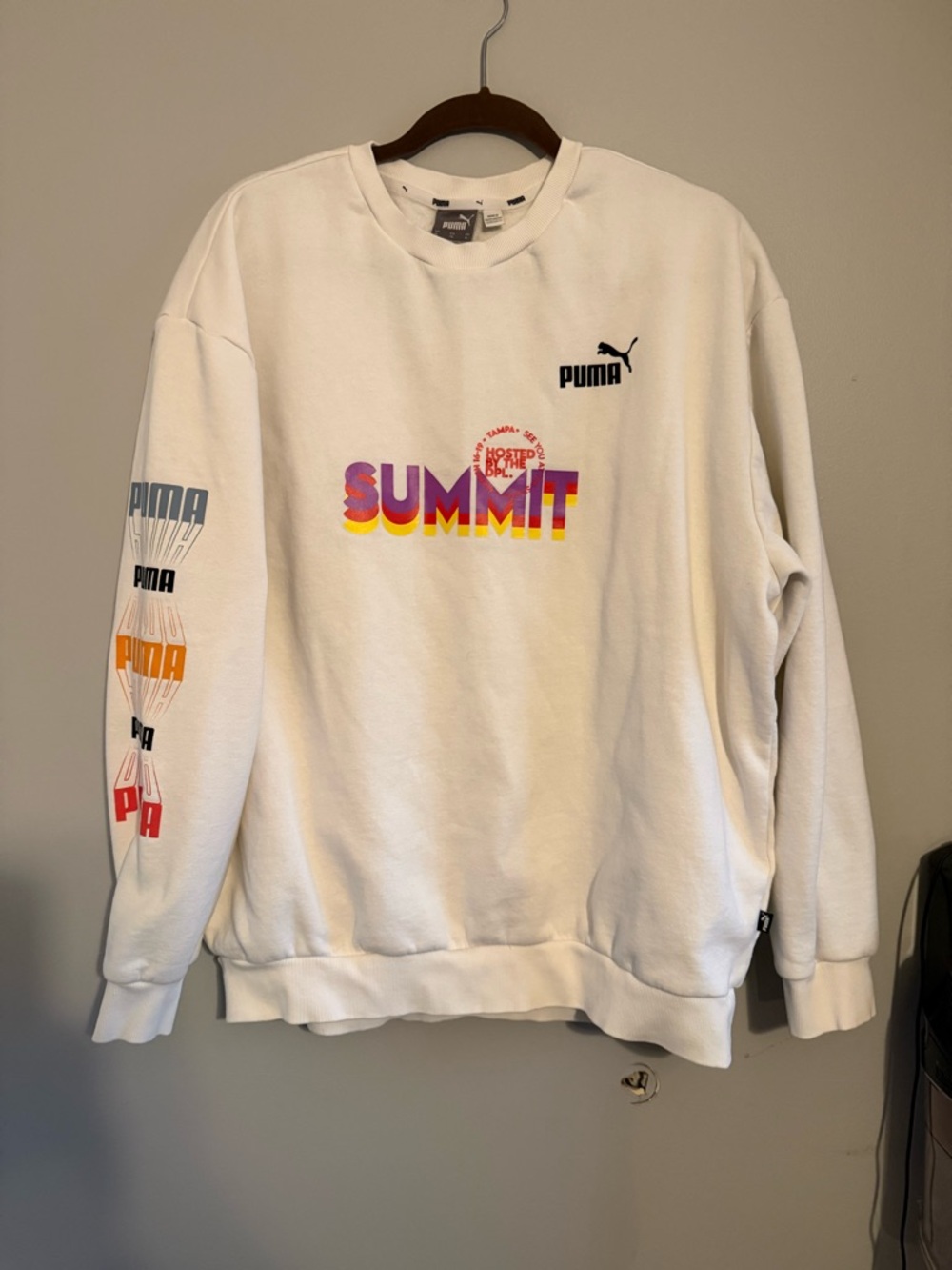 Puma White Summit Graphic Crewneck with Multicolor Chest Print